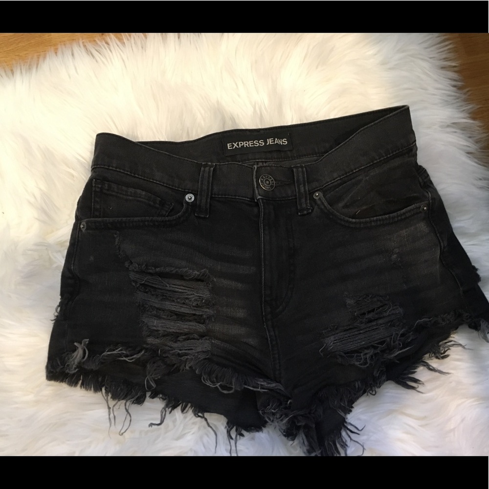 Express destroyed denim jean shorts.